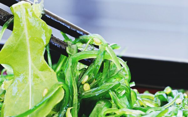 salad, chuka wakame, chopsticks